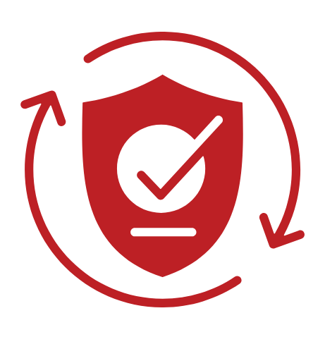 Red shield with a checkmark indicating verified security, encircled by two curved arrows signifying ongoing protection.