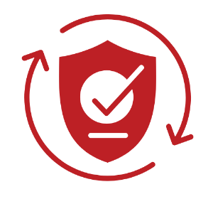 Red shield with a check mark and circular arrows around it, symbolizing ongoing security protection.