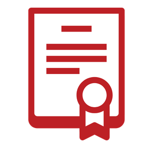 Red-bordered certificate icon with a ribbon badge, representing an award or certification