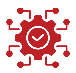 Red gear with a clock at center and circuit-style spokes, symbolizing automation and efficient workflow.
