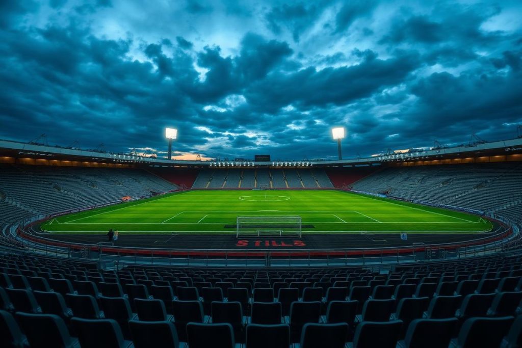 Empty soccer stadium at dusk with bright floodlights over a green pitch and empty stands.