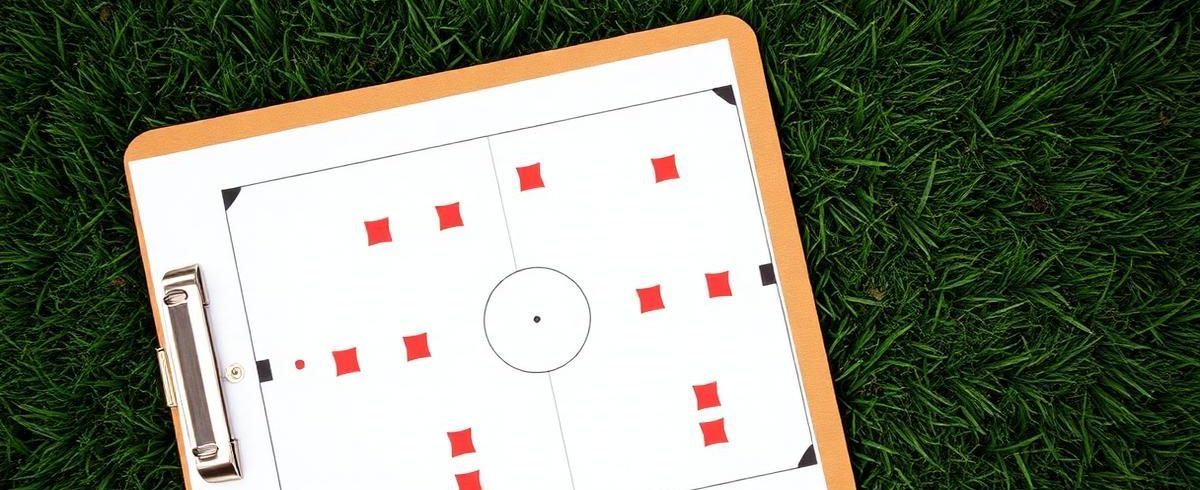 Clipboard on grass showing a sports field diagram with red markers representing players and a center circle layout.