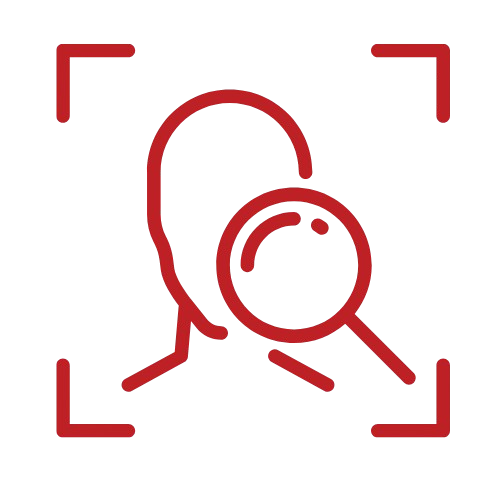 Red line drawing of a person being scanned by a magnifying glass within a square frame, symbolizing facial recognition or identity verification.