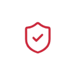 Red shield icon with a checkmark, signaling security or verification on a dark background.