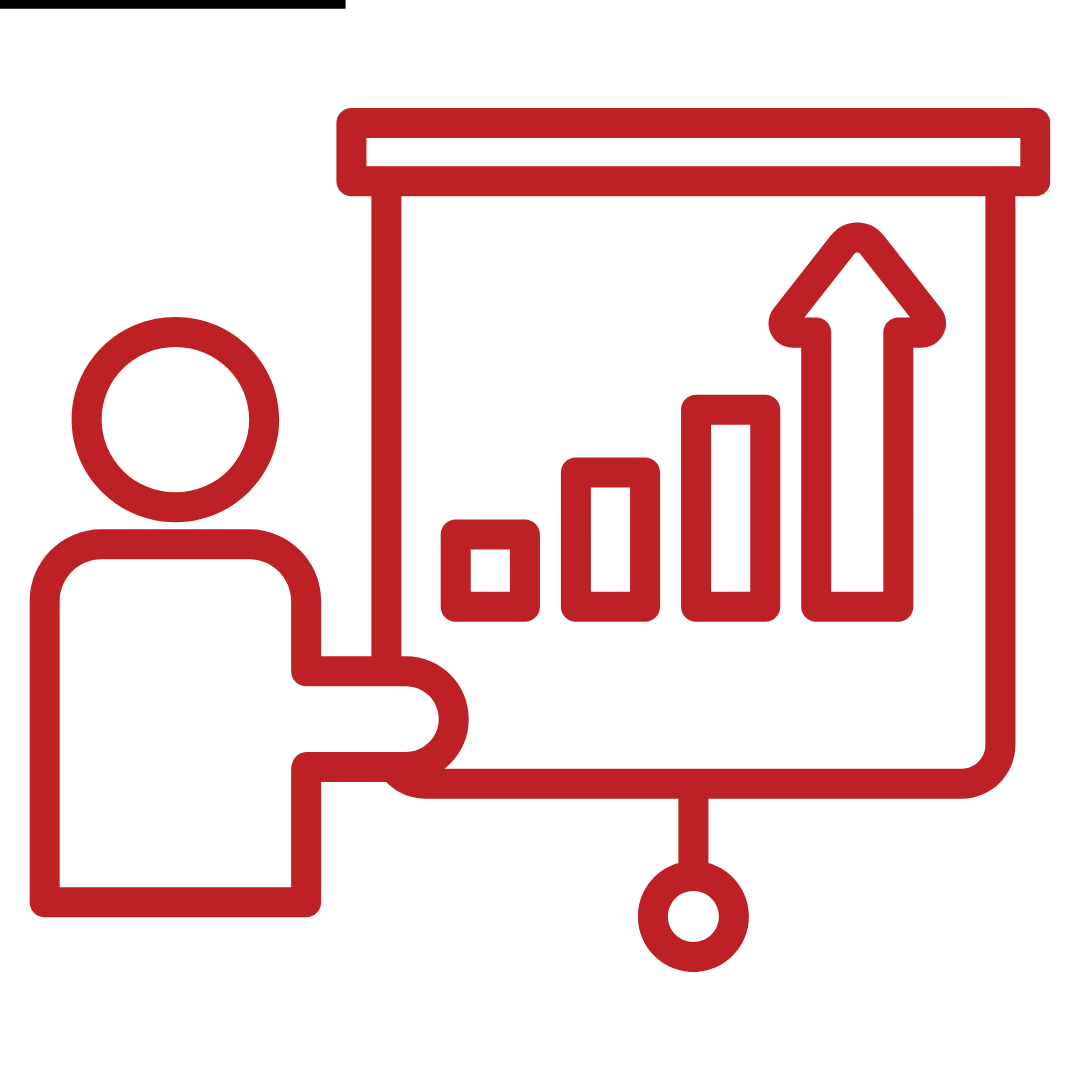 Person giving a presentation: a figure pointing to a rising bar chart on a screen/board with an upward arrow, in red outline.