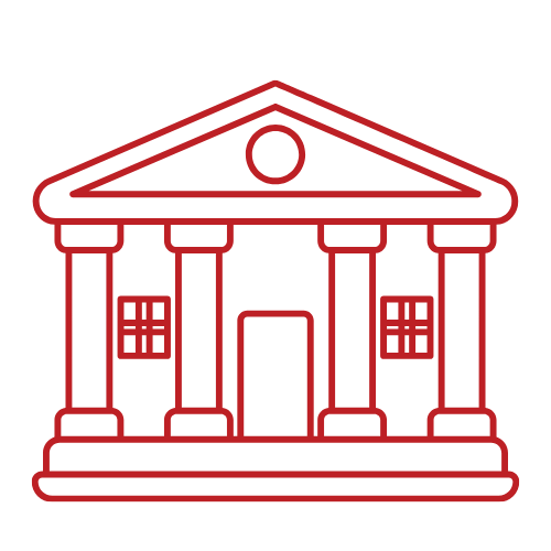 Red line drawing of a classical government or bank building with a pediment and five columns; an icon-style emblem representing a courthouse or bank.