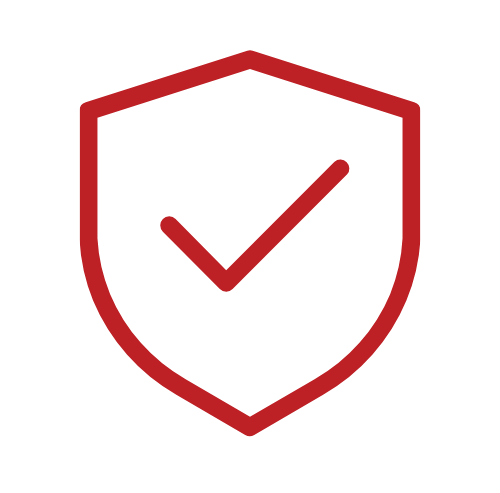 Red shield icon with a checkmark, signaling security or verified status.
