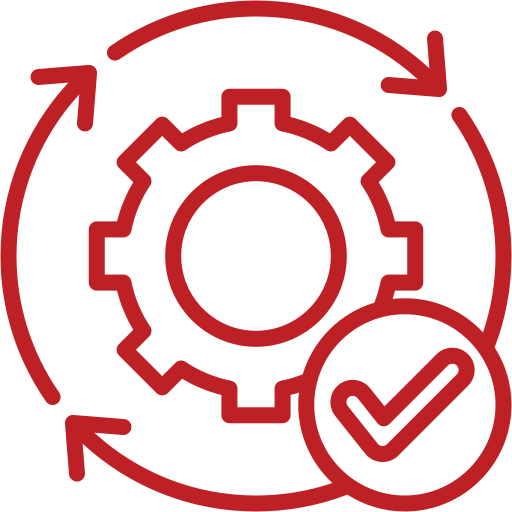 Red gear surrounded by circular arrows with a checkmark badge, signaling a completed or validated automated process.