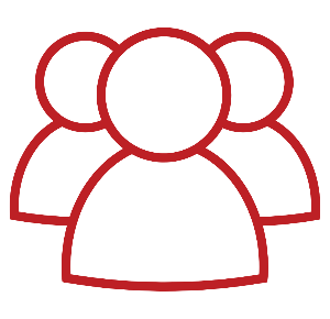 Red outline icon of three people grouped together, representing a team or group of users.