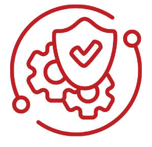 Red vector icon showing a shield with a check mark over gears inside a circular orbit, symbolizing security and system protection.