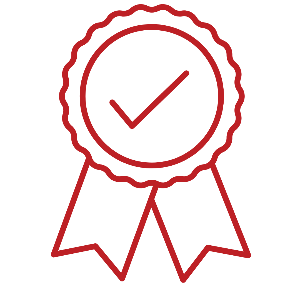 Red ribbon award badge with a checkmark, symbolizing certification or approval