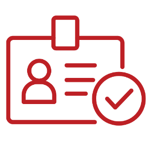 Red identification badge with a user silhouette and a verification checkmark indicating verified status.