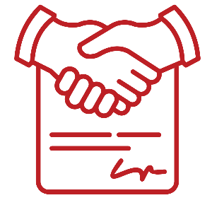 Red outline icon of a handshake over a document with a signature, conveying an agreement or contract signing.