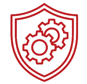 Red shield outline with two interlocking gears inside, symbolizing security and settings.