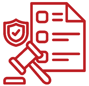 Red outline icon showing a compliance document with a checklist, a shield with a checkmark, and a gavel, symbolizing legal compliance and regulation.
