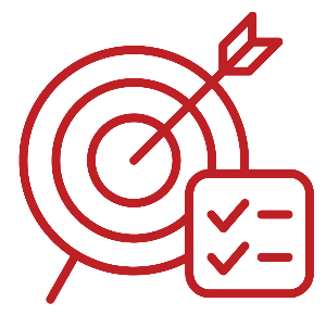 Red target with an arrow hitting the bullseye and a checklist icon showing completed items, symbolizing goals met.