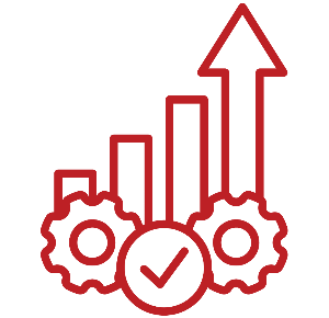 Red outline gears with a checkmark and an ascending bar chart with an up arrow, symbolizing growth and improved performance.