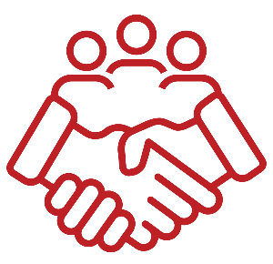 Red line drawing of three people above two hands shaking, representing teamwork and collaboration.
