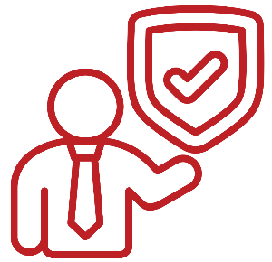 Icon of a businessperson with a shield and checkmark, representing trusted security or certification.