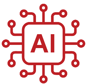 Red AI chip icon with circuits extending from a rounded square center labeled AI on a black background